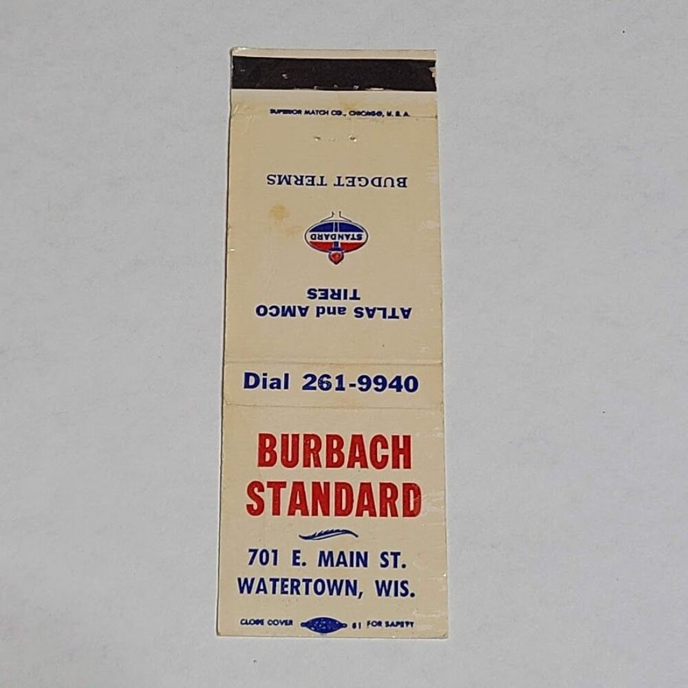 Vintage Matchbook Cover Burbach Standard Watertown WI Wisconsin Atlas Tires - Picture 4 of 5